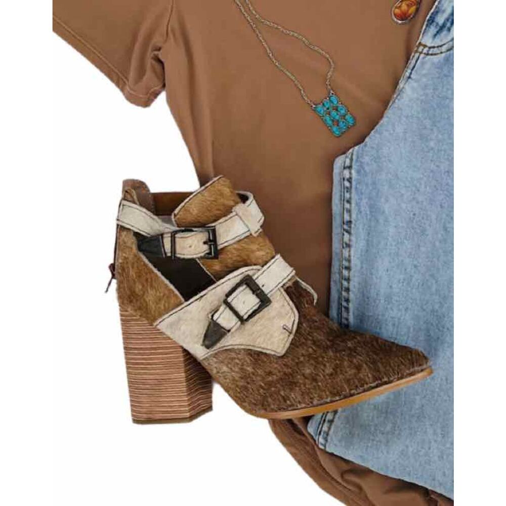 Alcala's Boots Size 7.5 Brown/Beige Buckle(s) Cow Hair Shoes Ankle Boots - Picture 10 of 10